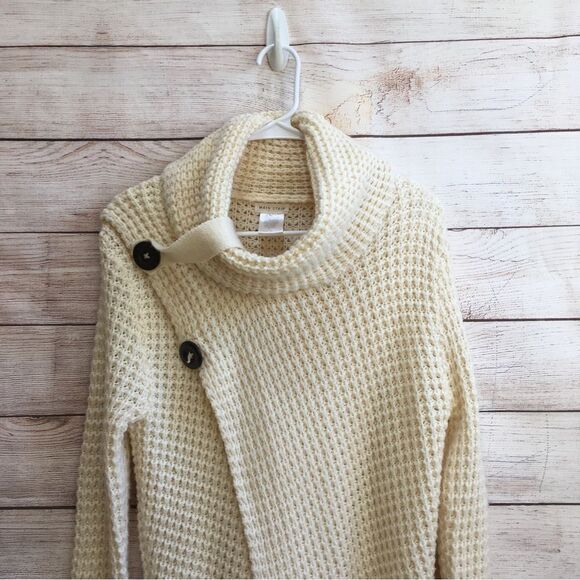 COPY - MAIN STRIP COWL NECK ASSYMETRICAL BUTTON SWEATER IN CREAM - Picture 2 of 5